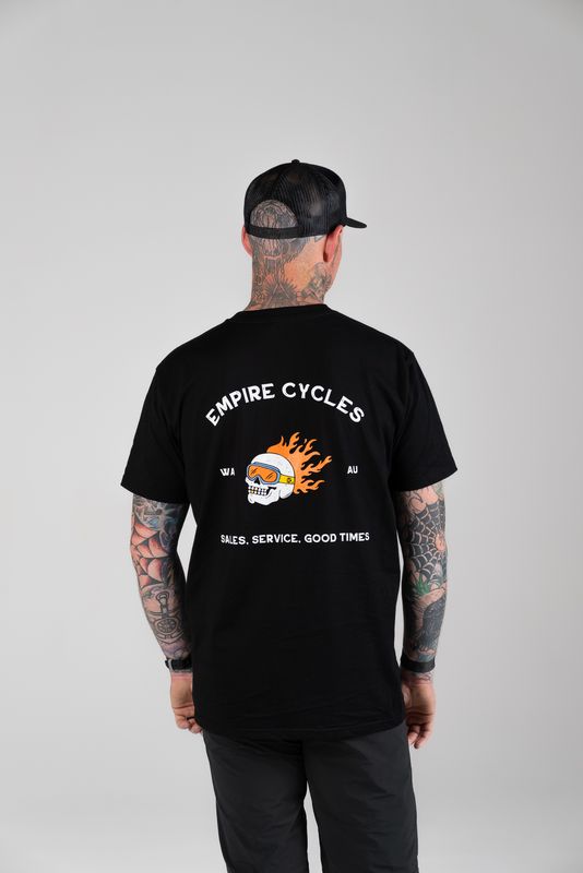 Empire Cycles Flaming Skull T Shirt Black